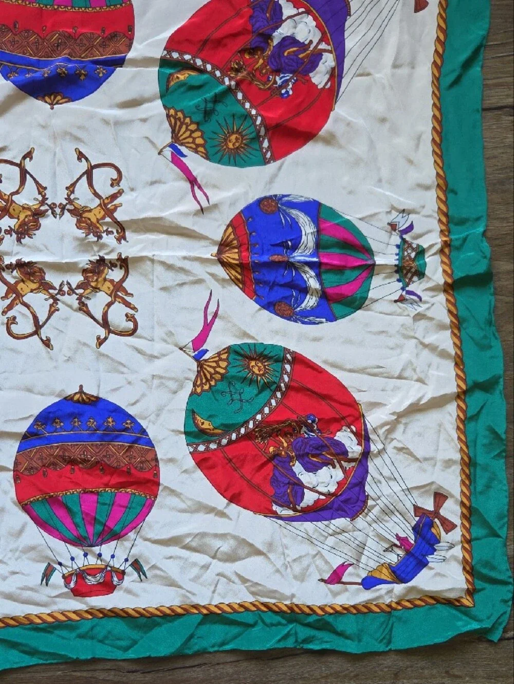 Green And White Celestial Hot Air Balloon Decorative Scarf 100% Silk